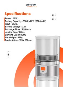 porodo Lifestyle Portable Slow Juicer 55W - White/Orange  - Image 5