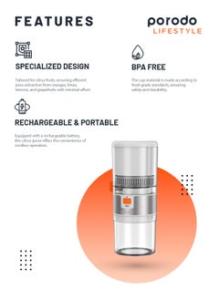 porodo Lifestyle Portable Slow Juicer 55W - White/Orange  - Image 3