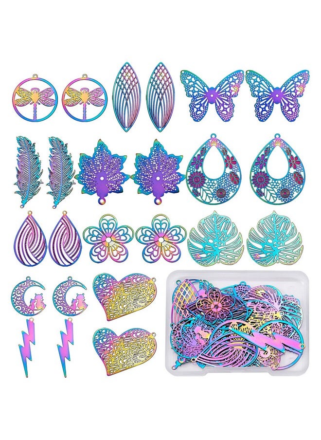 COGCHARGER - 24 Pcs 201 Stainless Steel Filigree Pendants Etched Metal Embellishments Multicolor Charm Pendant For Jewelry Necklace Bracelet Making - Image 1