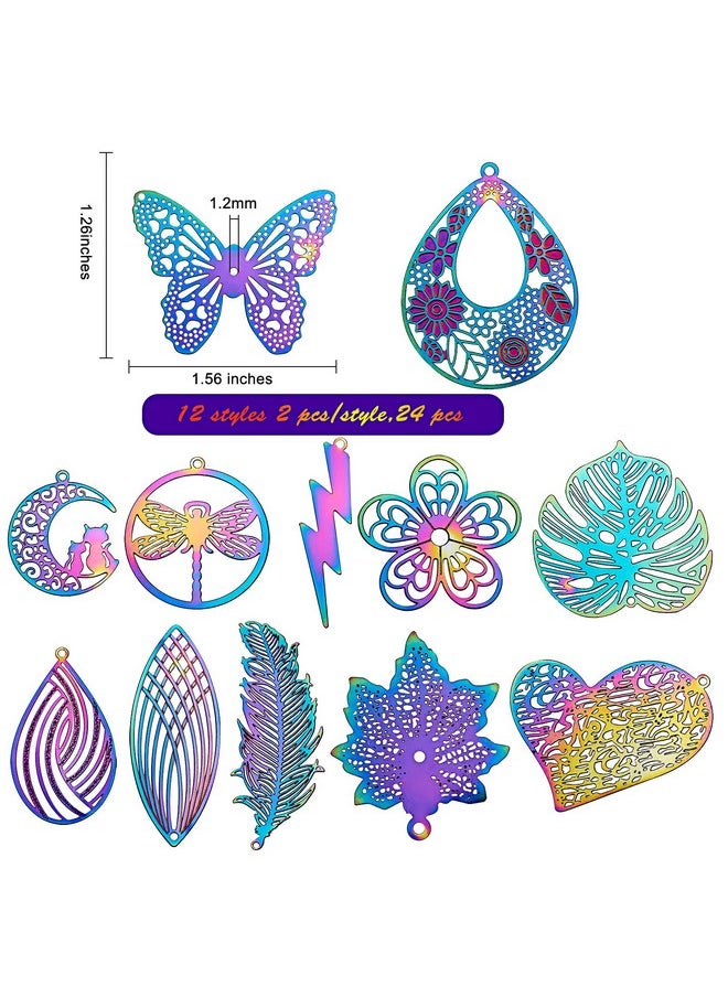 COGCHARGER - 24 Pcs 201 Stainless Steel Filigree Pendants Etched Metal Embellishments Multicolor Charm Pendant For Jewelry Necklace Bracelet Making - Image 1