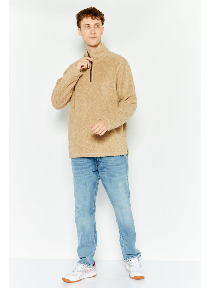 TRUE GRIT - Men Sherpa Half Zip Sweater, Dark Beige - Image 1
