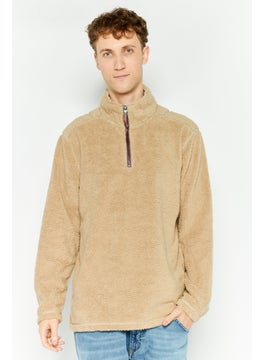 Men Sherpa Half Zip Sweater, Dark Beige