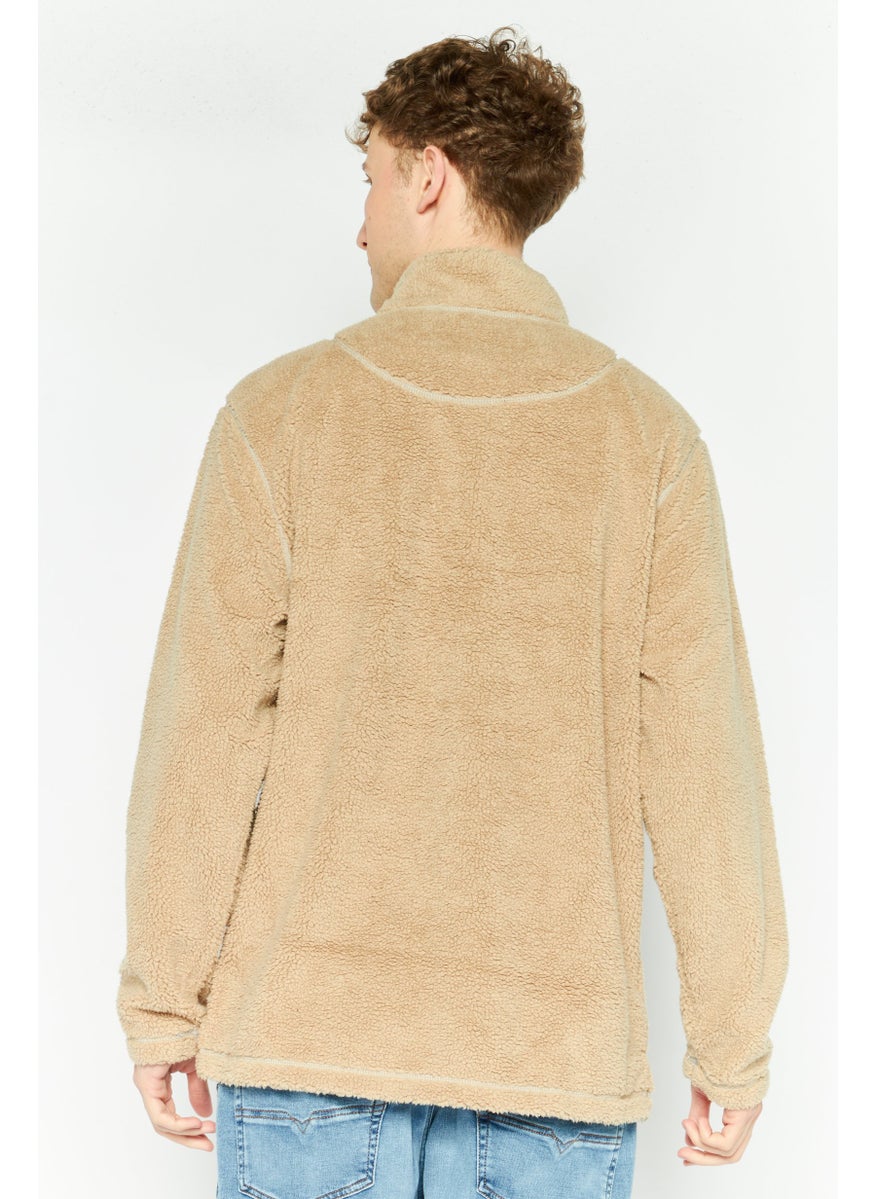 TRUE GRIT - Men Sherpa Half Zip Sweater, Dark Beige - Image 1