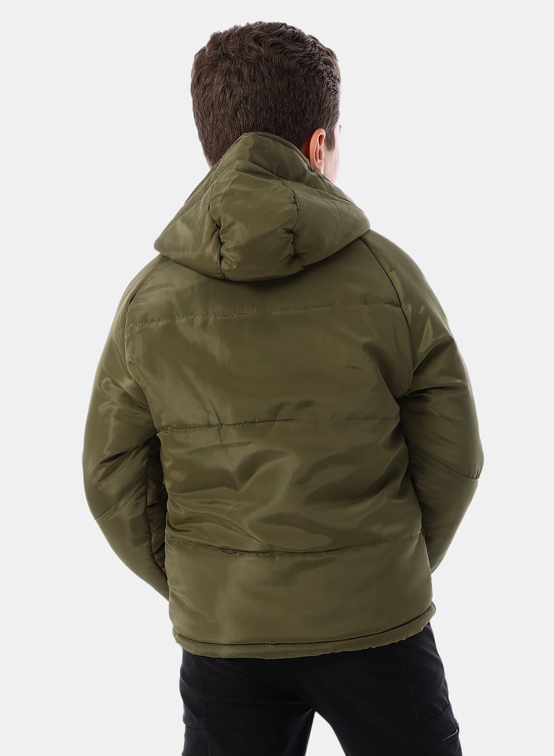 Andora Long Sleeves Hooded Neck Boys' Puffer Jacket - Army Green - Image 3