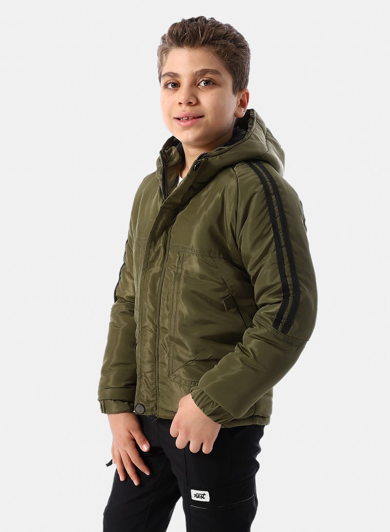 Andora Long Sleeves Hooded Neck Boys' Puffer Jacket - Army Green - Image 2