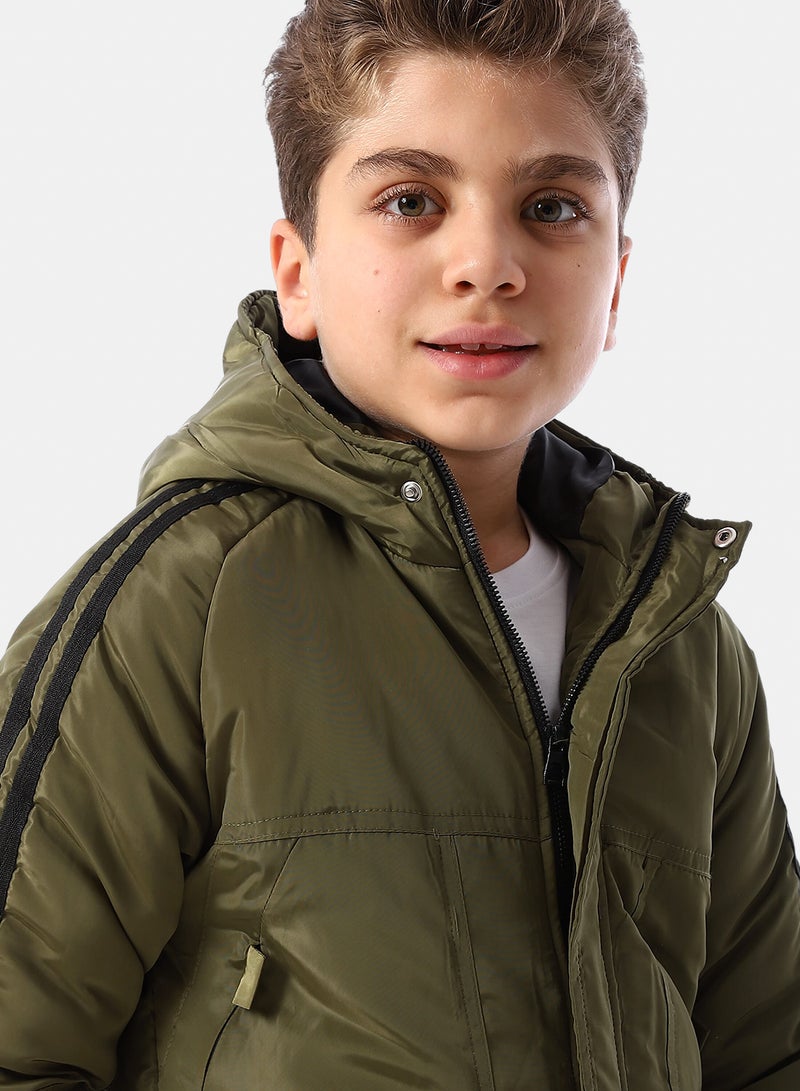 Andora Long Sleeves Hooded Neck Boys' Puffer Jacket - Army Green - Image 4