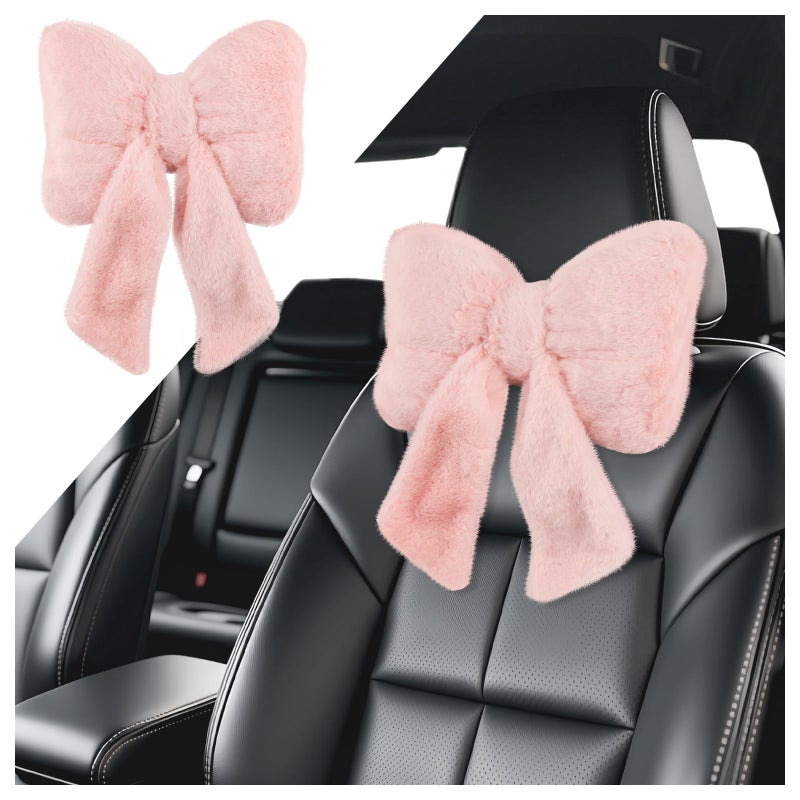 VKQTS Furry Bow Car Headrest Pillow,Soft & Comfortable Car Neck Pillow for Cars Decorations & Fatigue Relief,Universal Head Rest Pillows for Cars Interior Accessories for Trucks,SUVs (Pink) - Image 1