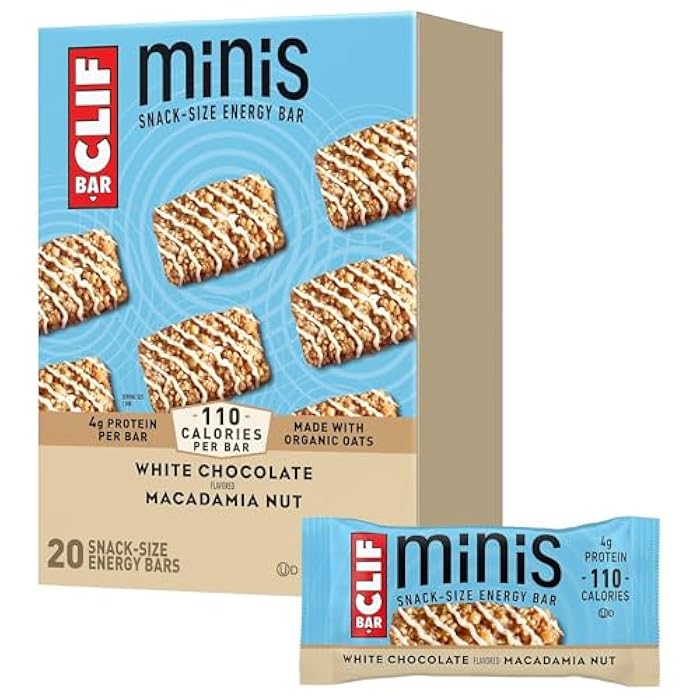 Clif Bar بار كليف ميني - نكهة الشوكولاتة البيضاء وجوز المكاديميا - مصنوع من الشوفان العضوي - 4 جرام بروتين - غير معدّل وراثياً - نباتي - بار طاقة بحجم وجبة خفيفة - 0.99 أونصة (20 عبوة) - Image 1