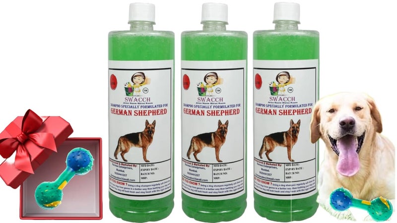 swacch German Shepherd Dog Shampoo + Dumbbell Toy I Durable Rubber Dog Toy for Chewing I Playing,Teeth Cleaning & Training Toy I Combo Pack I 1 Litre Pack of 3 Neem Alovera - Image 1