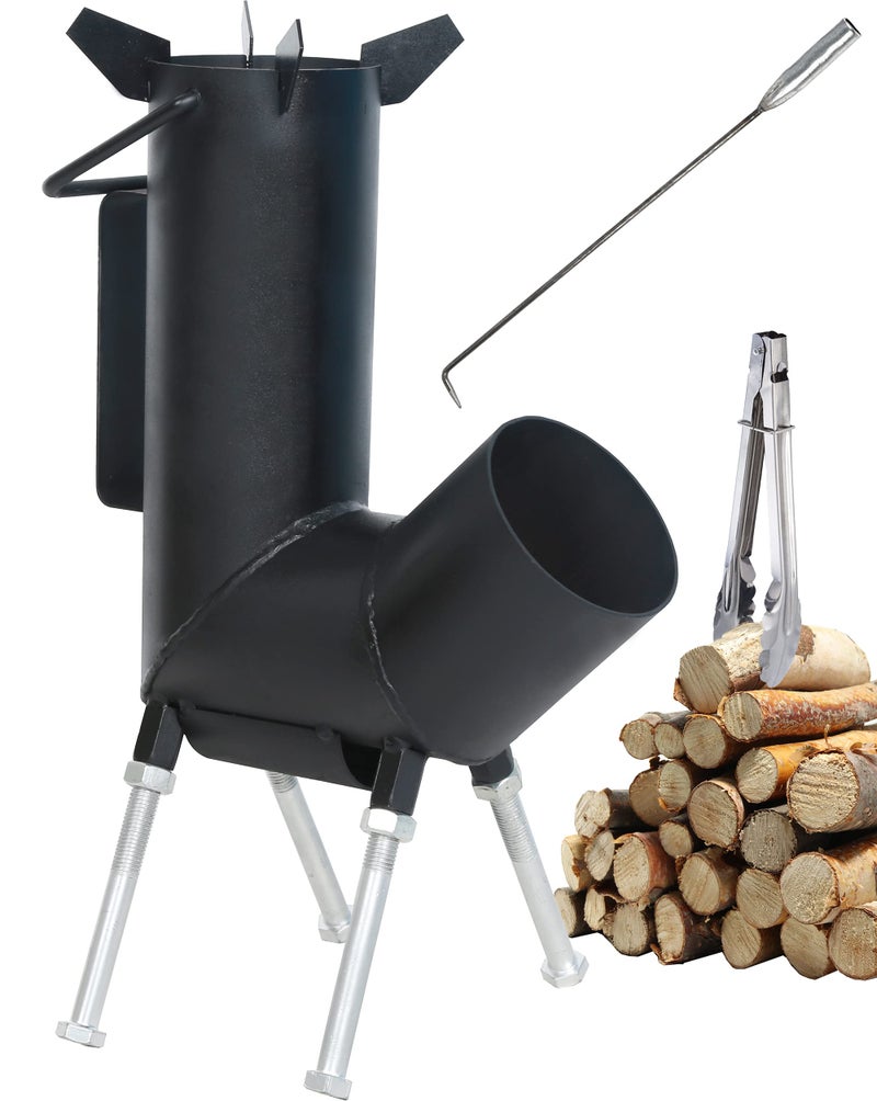 Rocket stove with handle A portable wood burning camping stove with a fire poker  tongs wood burning Rocket stove with Large Fuel Chamber Best for outdoor cooking tent heater  emergency