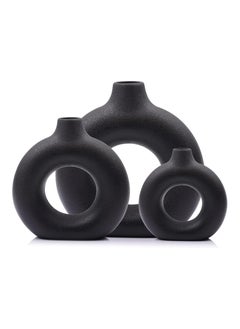 Generic Black Ceramic Vases for Home Decor Set of 3 -Modern Donut Vase Circle Round for Pampas Grass Artificial Flowers, Boho Decor Living Room Table Centerpieces Dining Bedroom Shelf Farmhouse Decorations  - Image 1
