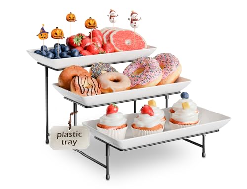 Bumusty 3 Tier Plastic Serving Tray for Party, 11.5" x 5.6" Platters for Serving Food, Microwave-Safe, White Reusable Trays with Black Metal Display Stand for Cupcakes, Sevring Food, Dessert, Fruit, Black - Image 1
