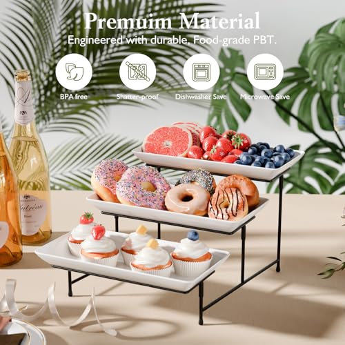 Bumusty 3 Tier Plastic Serving Tray for Party, 11.5" x 5.6" Platters for Serving Food, Microwave-Safe, White Reusable Trays with Black Metal Display Stand for Cupcakes, Sevring Food, Dessert, Fruit, Black - Image 3