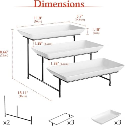 Bumusty 3 Tier Plastic Serving Tray for Party, 11.5" x 5.6" Platters for Serving Food, Microwave-Safe, White Reusable Trays with Black Metal Display Stand for Cupcakes, Sevring Food, Dessert, Fruit, Black - Image 2