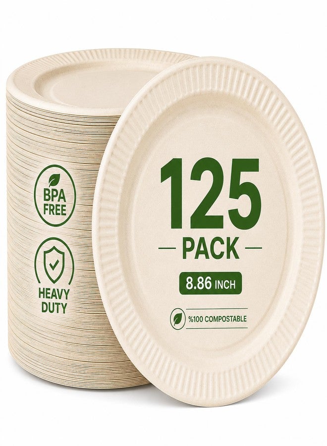 EVERMADEGREEN Compostable Sugarcane Plates 8.86 Inch, 125 Pack - Heavy Duty, Leak & Oil Proof, Microwave Safe Bagasse Dinner Plates for Eco-Conscious Hosts | Outdoor BBQ, Wedding, Baby Shower, Camping, Catering - Image 1