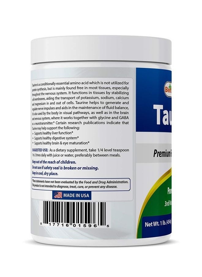 Best Naturals - 100% Pure Taurine Powder Free Form - Taurine 1000mg per Serving - 1 Lb (454 gm) (1 LB (Pack of 1)) - Image 1