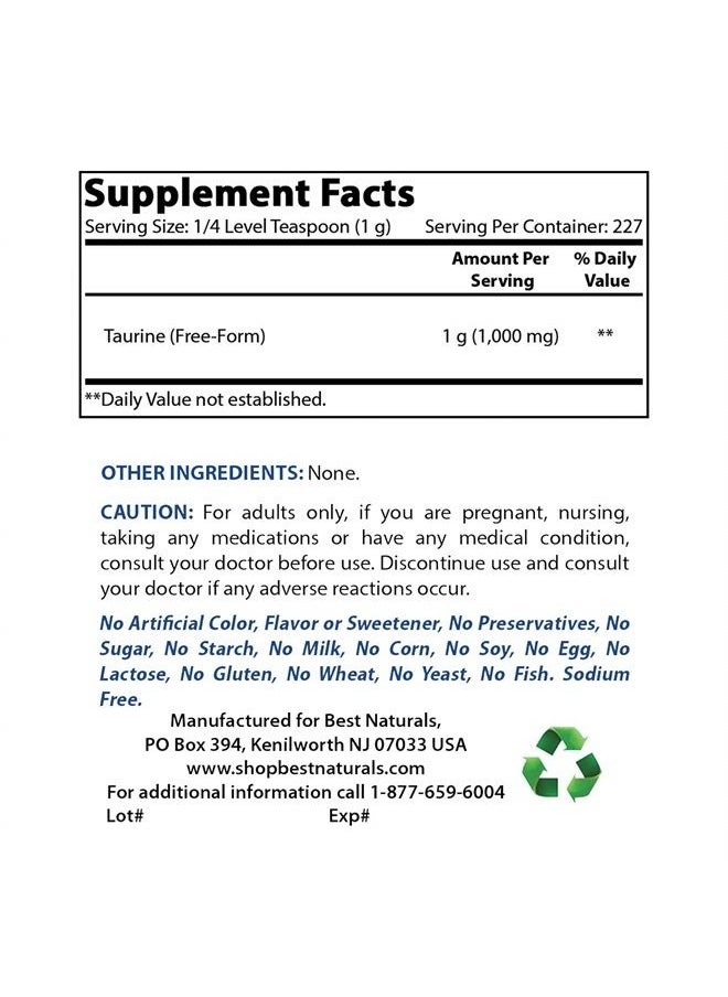 Best Naturals - 100% Pure Taurine Powder Free Form - Taurine 1000mg per Serving - 1 Lb (454 gm) (1 LB (Pack of 1)) - Image 1