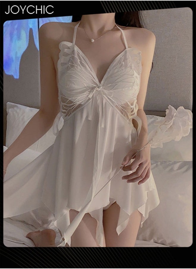 Joychic Women Comfortable and Breathable Sleepwear White for All Seasons Lace Silk Satin Night Dress 