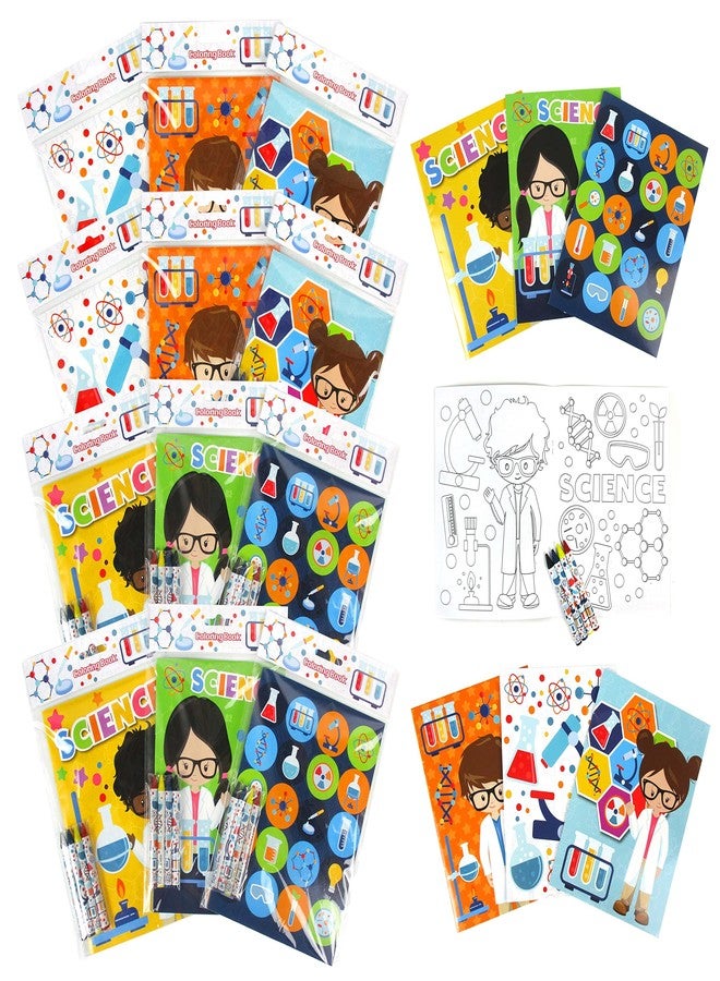 TINYMILLS Science Themed Coloring Book Set for Kids Party Favors with 12 Coloring Books and 48 Crayons Birthday Party Supplies Favor Bag Filler - Image 1