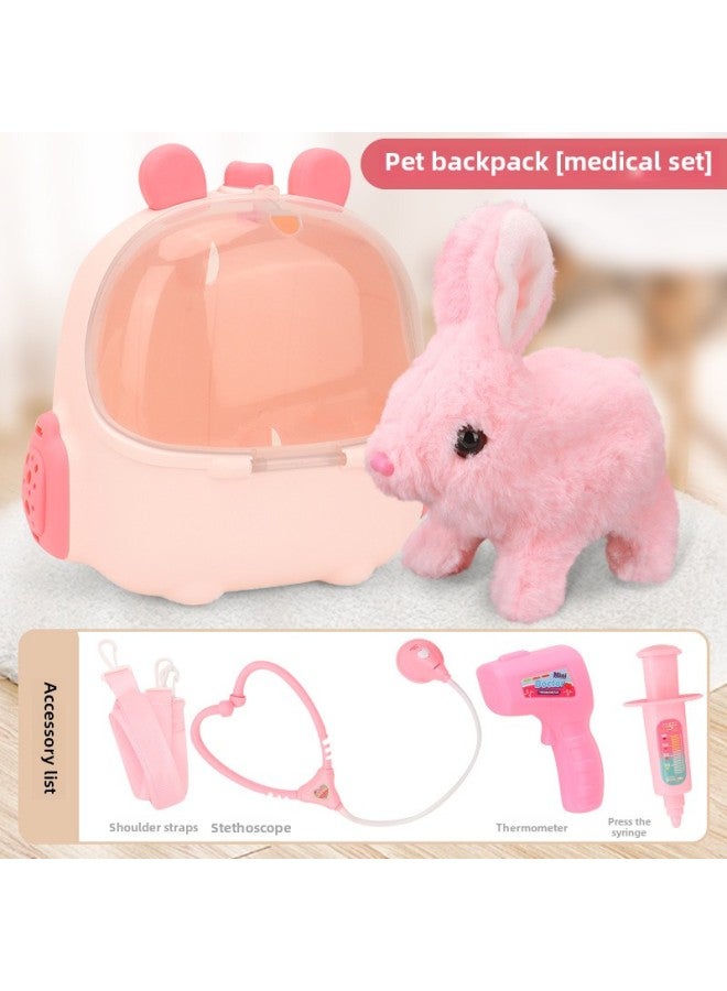Children's Electric Simulation Small White Rabbit Will Call Girls Pet Doll Backpack Dog Gift Puzzle Plush Toy-Colors:Short Ear Backpack Pink Electric Rabbit Medical Package-Specifications:Rechargeable Battery + Charger - Image 1