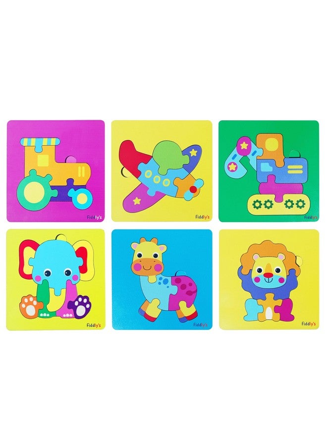 Fiddlys 3D Cute Cartoon Wooden Jigsaw Puzzles for Kids & Children (Pack of 6 Baby Animal + Vehicle) - Image 1