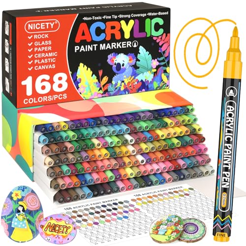 Nicety 168 Acrylic Paint Markers, Acrylic Paint Pens, 0.7mm Fine Tip Fabric Paint Markers for Clothes & Textile - High Coverage on Wood, Rock, Glass - DIY Art Supplies for ​​Artists, Adults & Craft Lovers​​. - Image 1