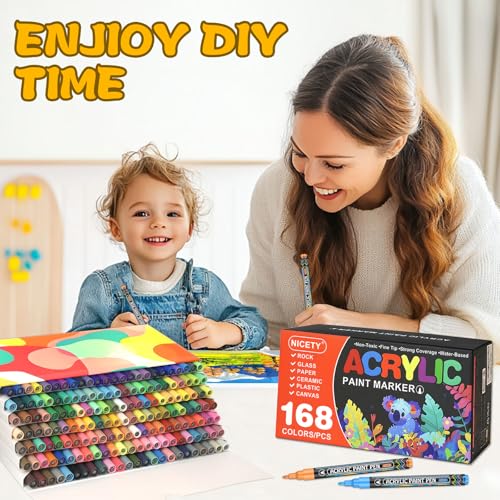 Nicety 168 Acrylic Paint Markers, Acrylic Paint Pens, 0.7mm Fine Tip Fabric Paint Markers for Clothes & Textile - High Coverage on Wood, Rock, Glass - DIY Art Supplies for ​​Artists, Adults & Craft Lovers​​. - Image 4