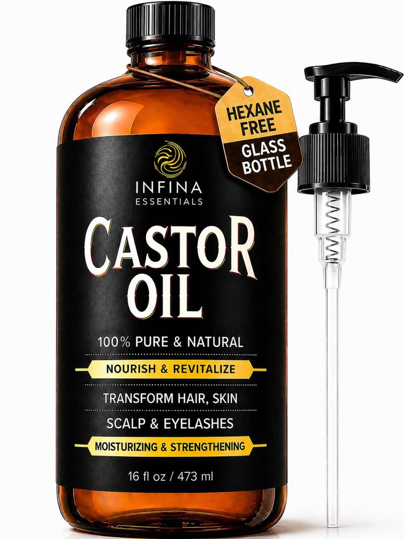 INFINA ESSENTIALS Pure Cold Pressed Castor Oil Hexane Free Glass Bottle for Hair Growth Face Scalp Skin Eyelashes Nourishing and Moisturizing 16 fl oz - Image 2
