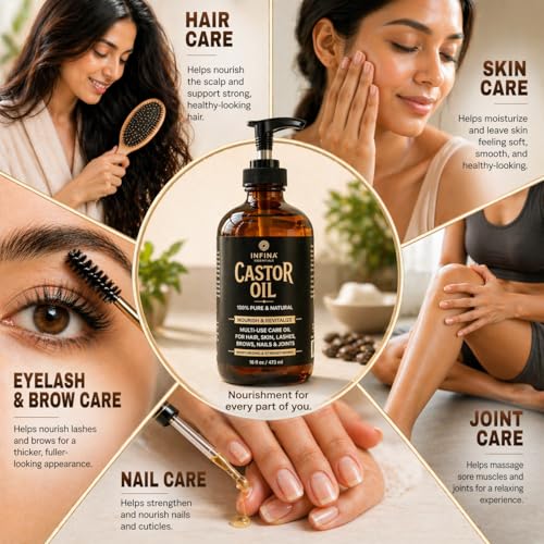 INFINA ESSENTIALS Pure Cold Pressed Castor Oil Hexane Free Glass Bottle for Hair Growth Face Scalp Skin Eyelashes Nourishing and Moisturizing 16 fl oz - Image 3