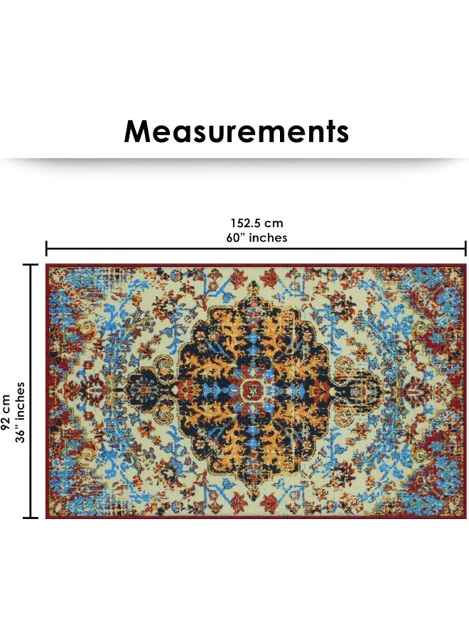 Story@Home Carpet For Bedroom, Area Washable Rugs For Bedroom, Kitchen Rug Moroccan Print (Blue And Cream, 90 X 150 Cm) - Image 2