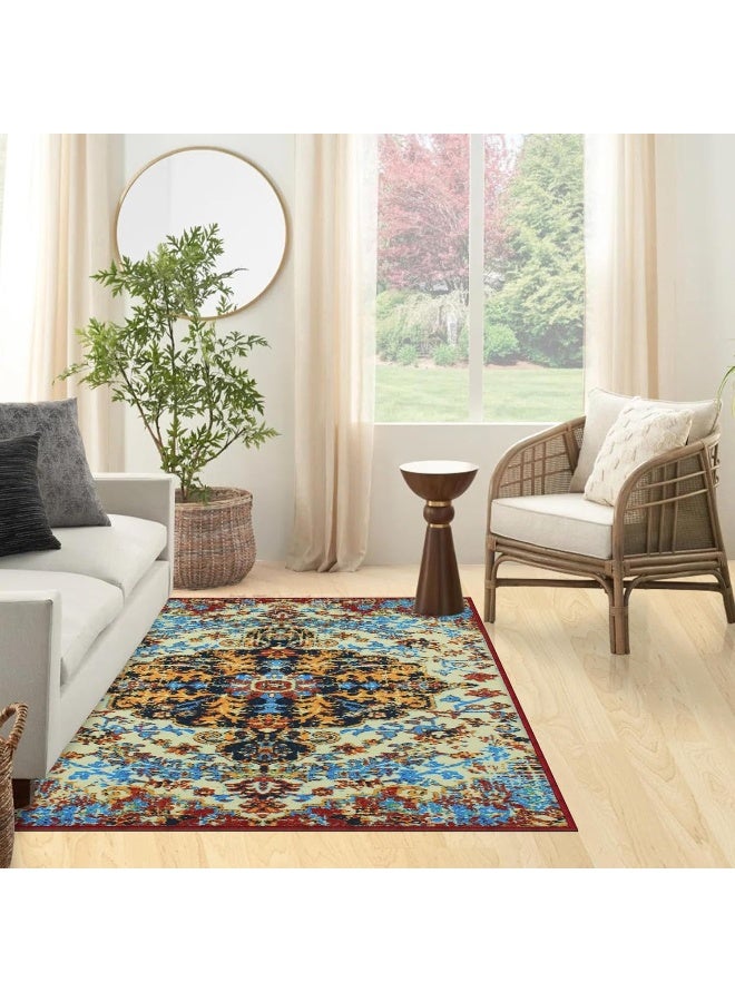 Story@Home Carpet For Bedroom, Area Washable Rugs For Bedroom, Kitchen Rug Moroccan Print (Blue And Cream, 90 X 150 Cm) - Image 1
