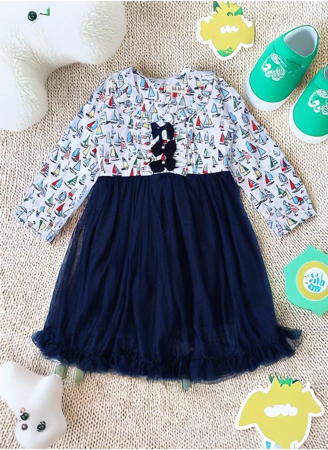 BELLA MODA - Printed Bow Details Round Neck Dress with Long Sleeves by Styli - Image 1
