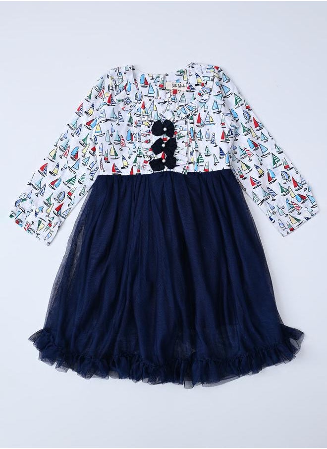 BELLA MODA - Printed Bow Details Round Neck Dress with Long Sleeves by Styli - Image 1