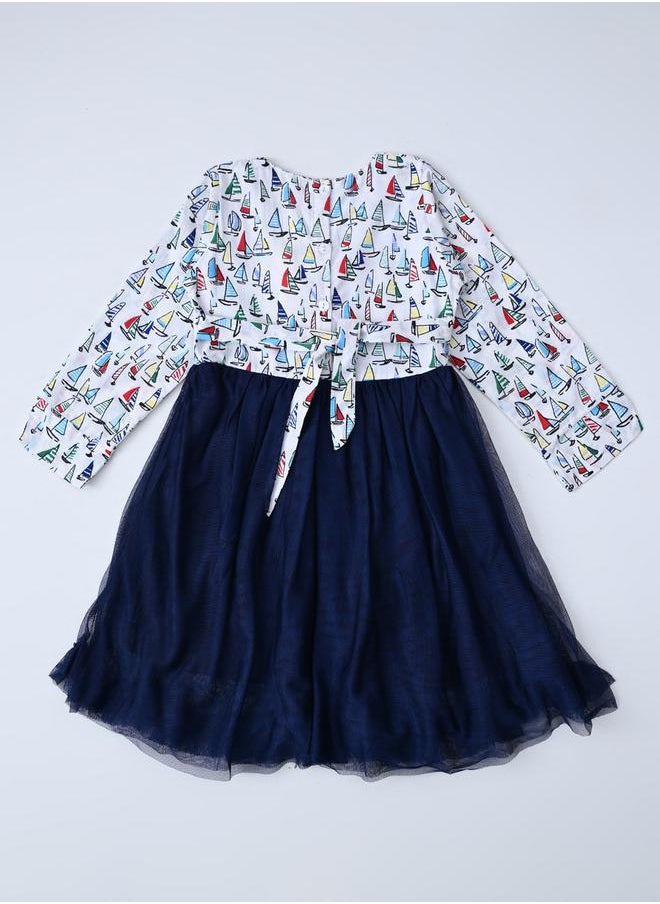 BELLA MODA - Printed Bow Details Round Neck Dress with Long Sleeves by Styli - Image 1