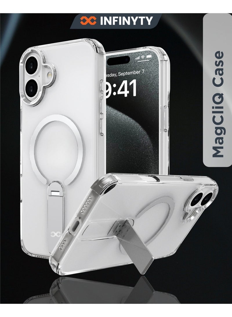 INFINYTY iPhone 16 Transparent Case with Smart Metallic Stand – Stanzo, Elegant Silver Metal Camera Frame, Multi-Angle Stand, MagSafe Compatible, Mil. Grade Drop-Tested, Slim Design with Raised Edges - Image 1