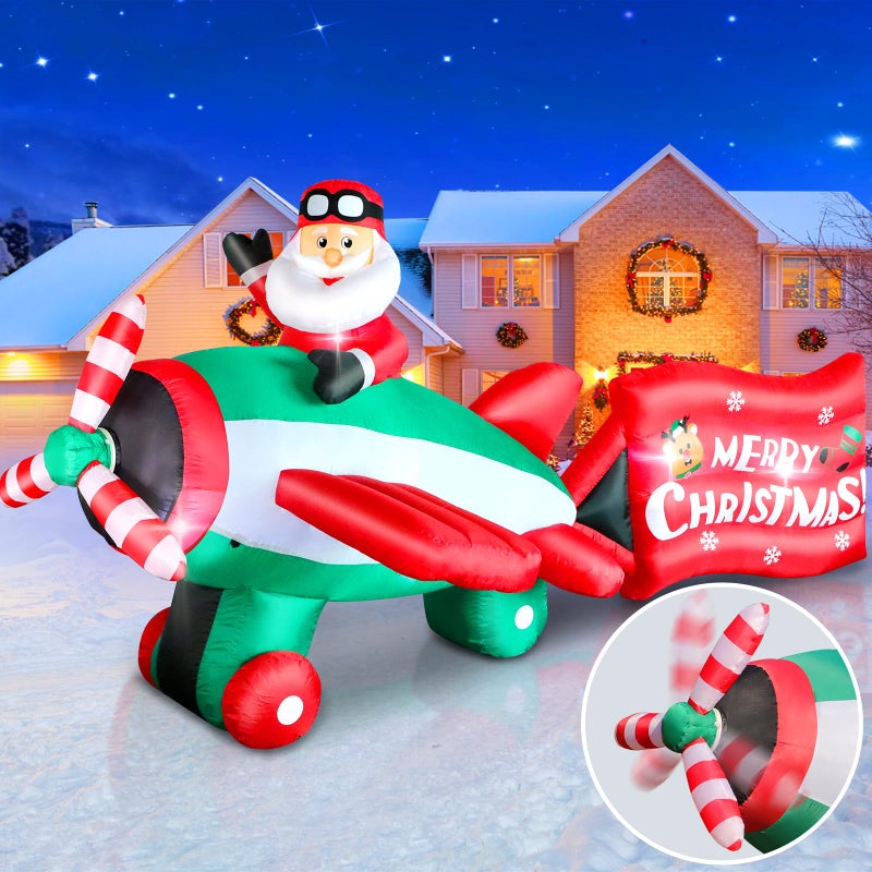 105 FT Christmas Inflatables Santa Claus on Animated Helicopter Blow Up Santa Flying Airplane with Wishes Giant Lighted Inflatable Outdoor Decorations for Xmas Yard Holiday Party Garden Lawn Decor