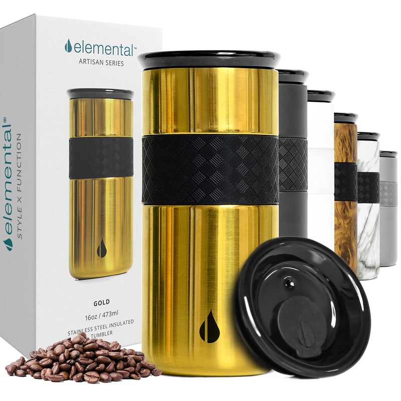 Elemental Artisan Insulated Tumbler Triple Wall Coffee Travel Mug Reusable Stainless Steel Coffee Tumbler with Ceramic Lid Thermal Coffee Cups for Hot 6 Hrs Cold 18 Hrs 16oz Gold
