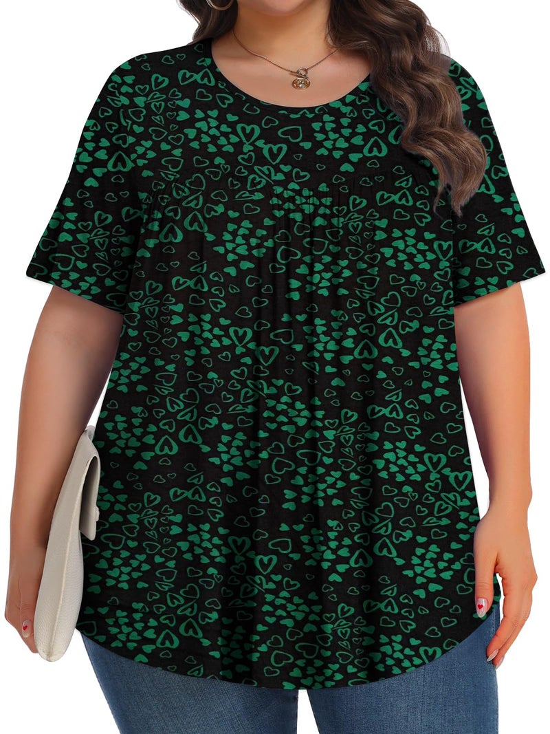 Tencede Womens Plus Size Tops Tunic Short Sleeve Crew Neck Shirts Casual Soft Blouse Green Heart 4X - Image 3