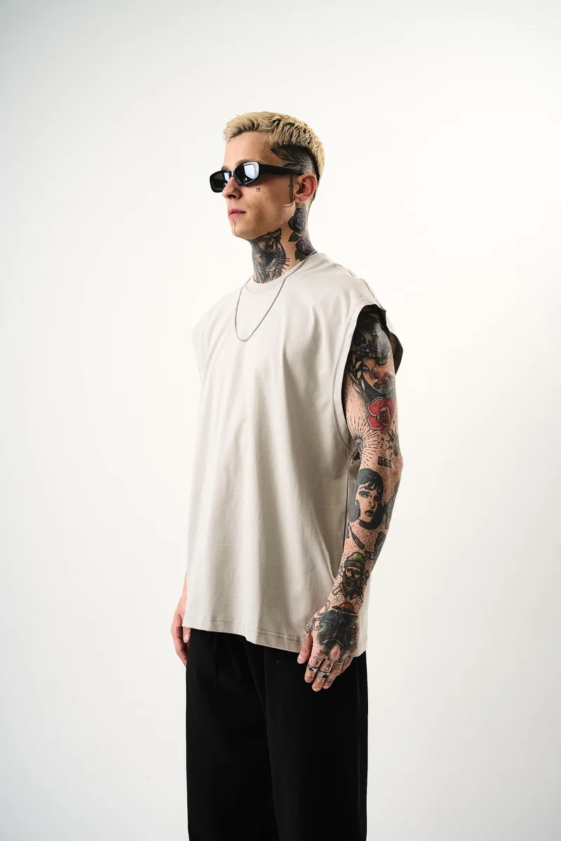 RESPIRE Men's Basic Sleeveless Oversize T-Shirt, Bone