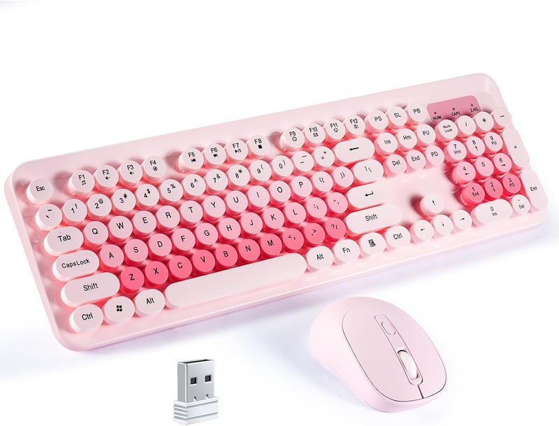 Nsyee Wireless Keyboard and Mouse Combo, 104 Round Keys Retro Full Size Keyboard and Mouse Set with 2.4GHz USB Receiver for PC/Laptop/Tablet/Computer/Windows, US Layout, Pink - Image 1