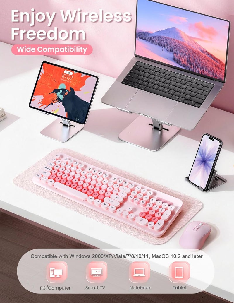Nsyee Wireless Keyboard and Mouse Combo, 104 Round Keys Retro Full Size Keyboard and Mouse Set with 2.4GHz USB Receiver for PC/Laptop/Tablet/Computer/Windows, US Layout, Pink - Image 2