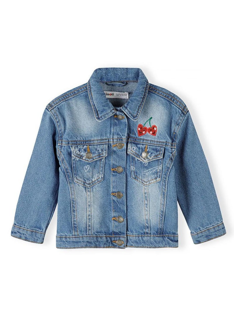 MINOTI Kids Girls Denim Jacket with Chest Badge and Print  - Image 3