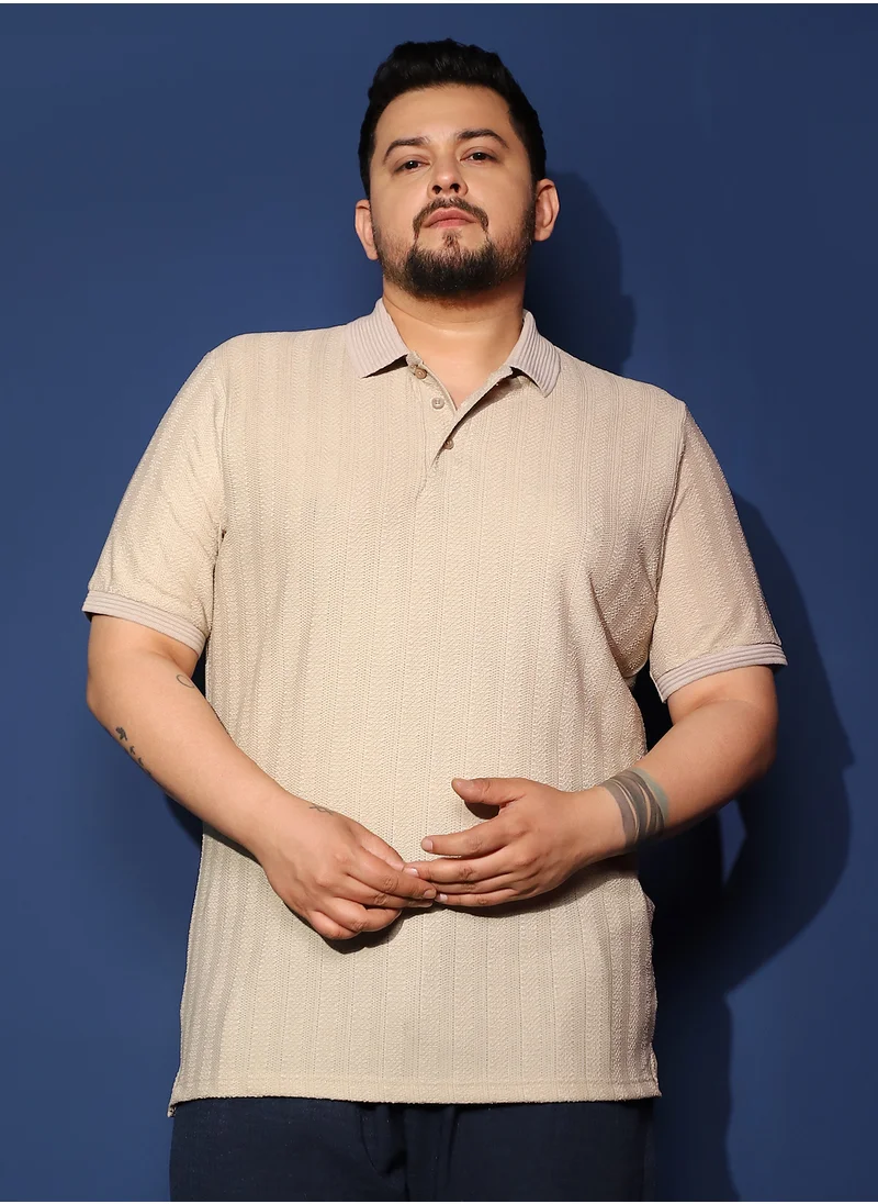 Instafab Plus Instafab Plus Men's Ecru Beige Texture-Lined Polo T-Shirt For Casual Wear | Polo Neck | Short Cuffed Sleeves | Half-Button Closure | Plus Size T-Shirt Crafted With Comfort Fit For Everyday Wear