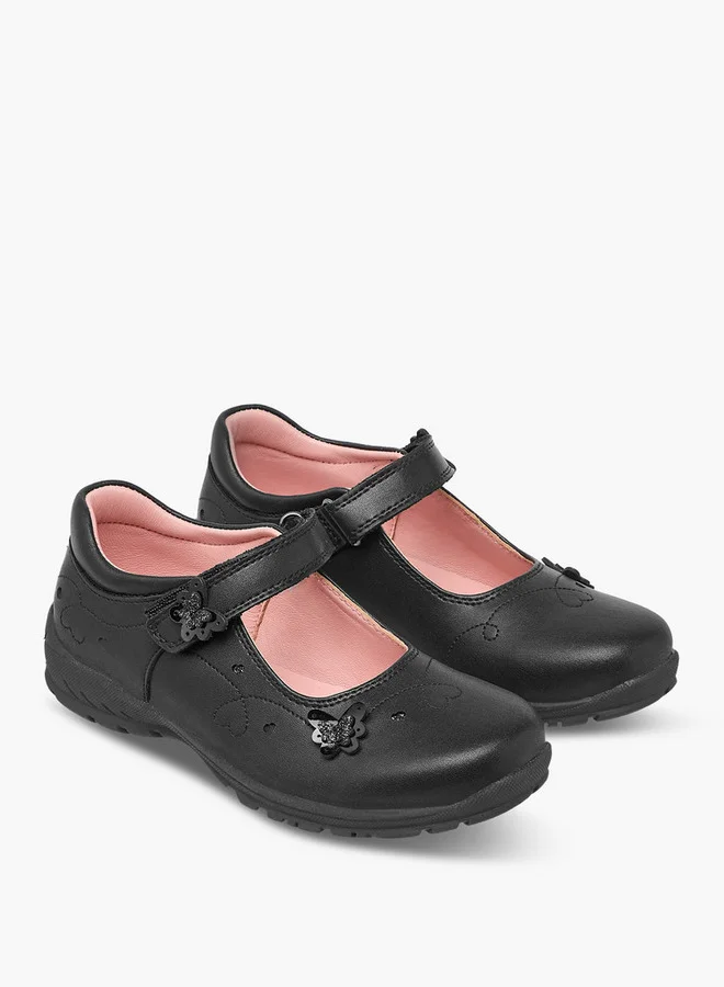 جونيورز Girls Butterfly Accent Mary Jane School Shoes with Hook and Loop Closure