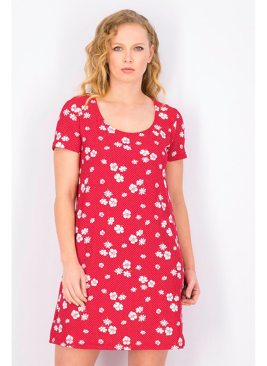 MANGO Women Short Sleeve Floral Print Mini Dress, Red  - Image 1