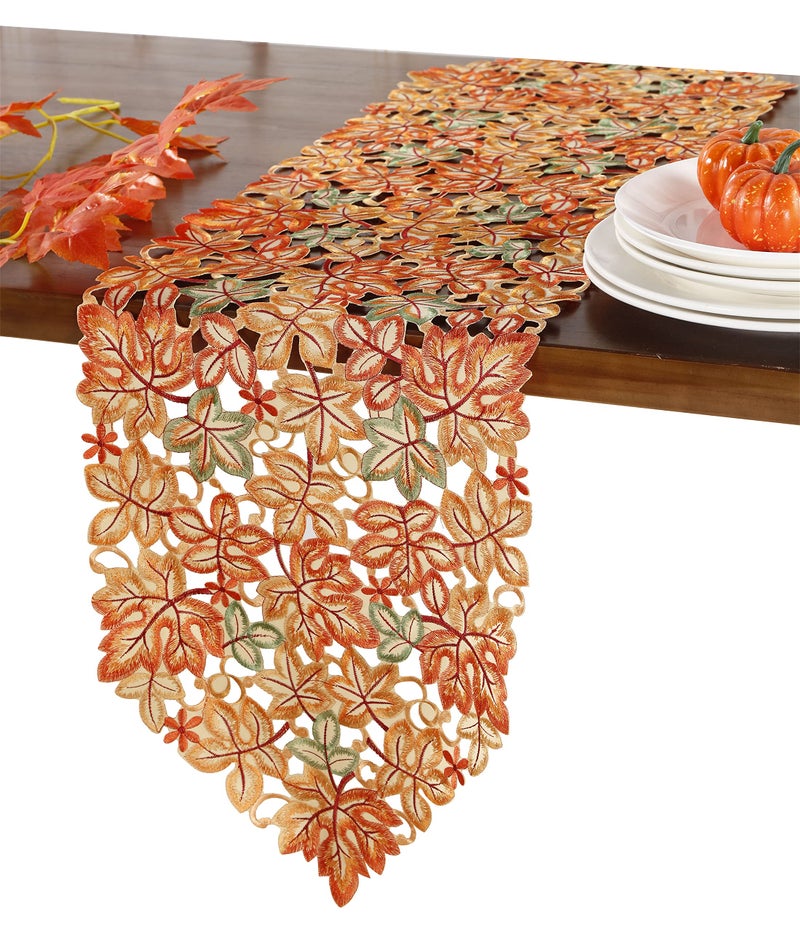 مفرش طاولة عيد الشكر GRANDDECO 13X54 بوصة مع تطريز أوراق القيقب وديكورات حصاد الخريف لعيد الشكر وحفلات العشاء والعناية اليومية بالقهوة