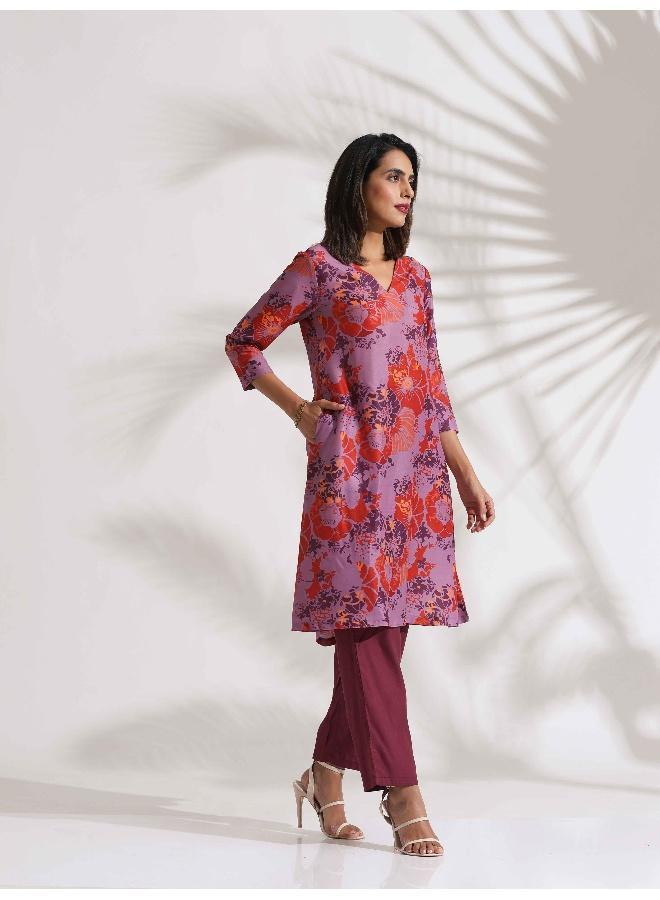 trueBrowns Purple Print Kurta Co-ord Set - Image 5