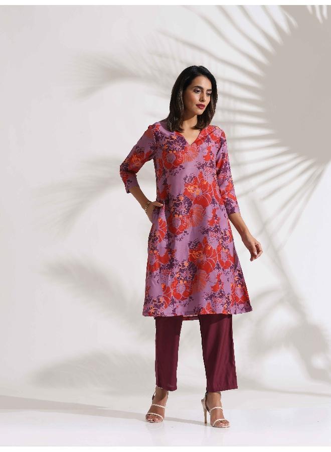 trueBrowns Purple Print Kurta Co-ord Set - Image 3