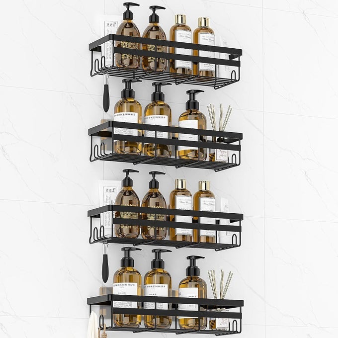 SHOWER CADDIES 4 PACK ADHESIVE HANGING SHOWER SHELF BATHROOM ORGANIZERS AND STORAGE NO DRILLING STAINLESS SHOWER SHELVES FOR HOME DECOR BATHROOM ACCESSORIES