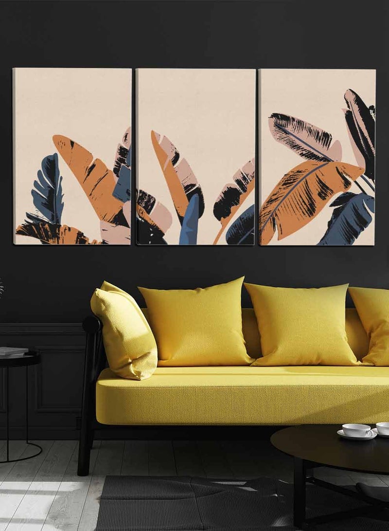 لوحة طقم من ٣ لوحات كانفاس على إطار خشبي، تصميم أوراق أشجار استوائية، للمنزل، غرفة المعيشة، المكتب، الديكور - Image 1